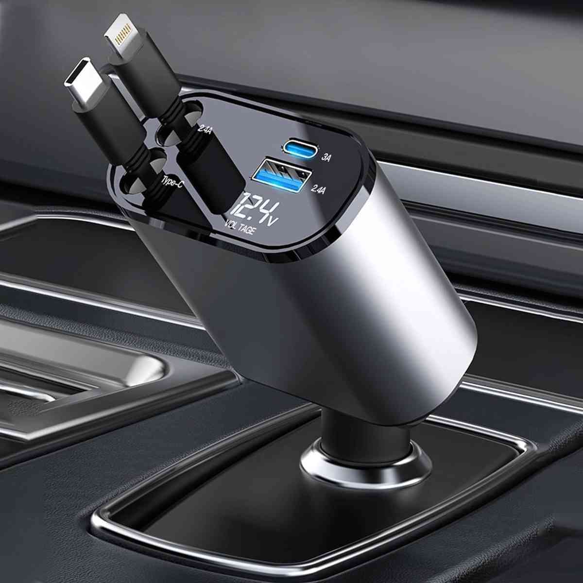 New 4 in 1 Retractable cable 2 Type C and iPhone Fast Charging Car Phone Charger 120W