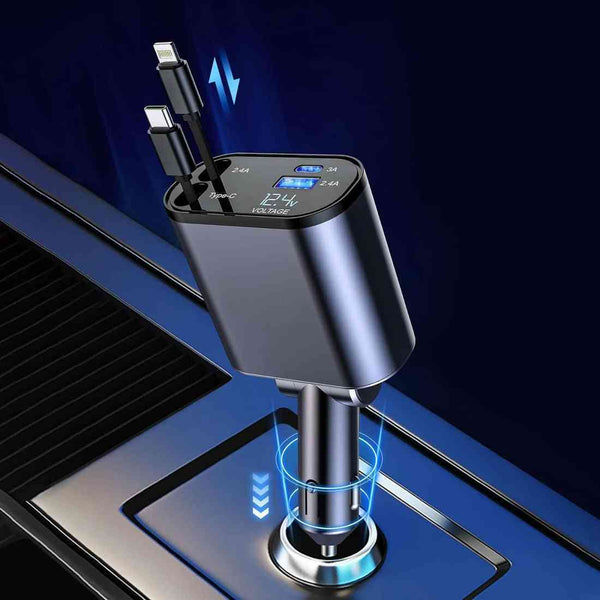 New 4 in 1 Retractable cable 2 Type C and iPhone Fast Charging Car Phone Charger 120W
