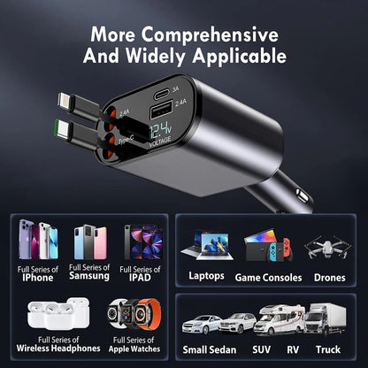 New 4 in 1 Retractable cable 2 Type C and iPhone Fast Charging Car Phone Charger 120W