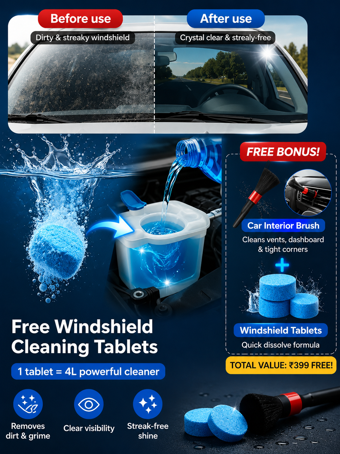 Buy Extendable Microfiber Cleaning Brush And Get Car Detailing Brush and Windshield Cleaning Tablets Worth Rs. 599/- FREE.