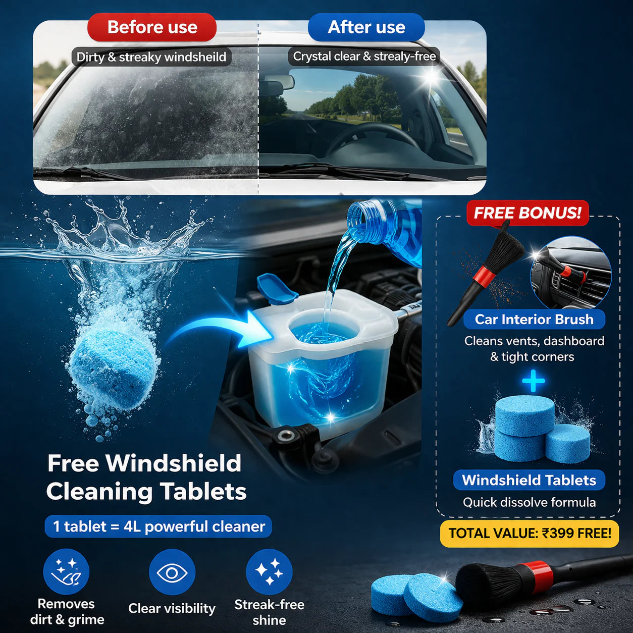 Buy Extendable Microfiber Cleaning Brush And Get Car Detailing Brush and Windshield Cleaning Tablets Worth Rs. 599/- FREE.