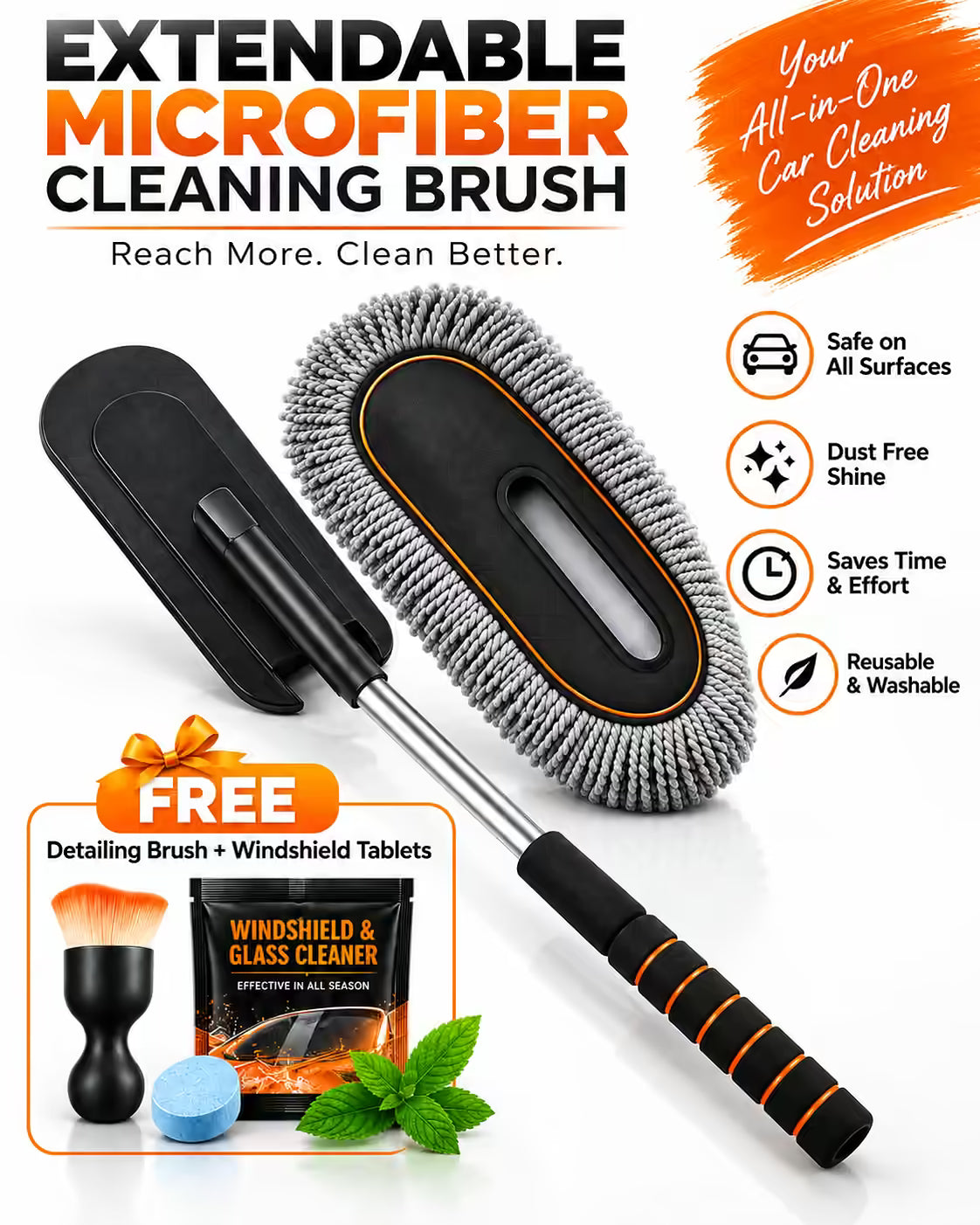 Buy Extendable Microfiber Cleaning Brush And Get Car Detailing Brush and Windshield Cleaning Tablets Worth Rs. 599/- FREE!!.