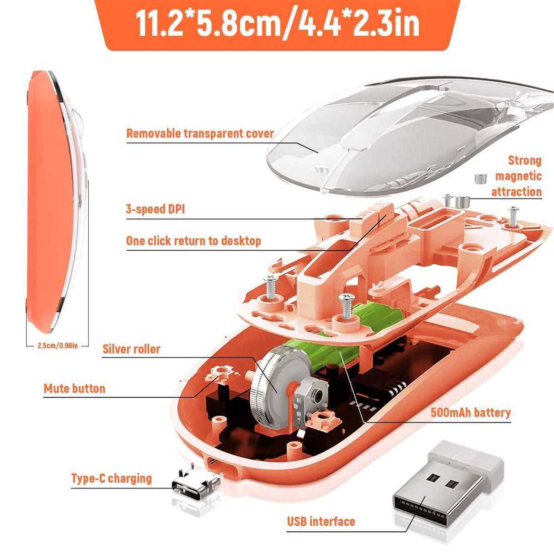 Rechargeable Transparent Mouse With Type C Dual-Mode Bluetooth & Wireless Mouse