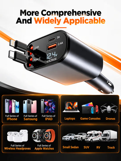 New 4 in 1 Retractable cable 2 Type C and iPhone Fast Charging Car Phone Charger 120W
