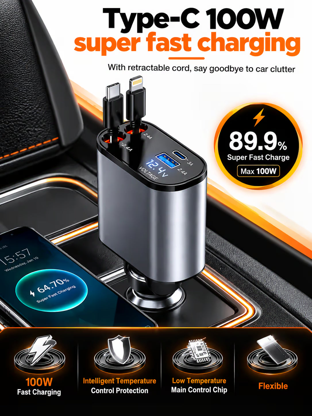 New 4 in 1 Retractable cable 2 Type C and iPhone Fast Charging Car Phone Charger 120W