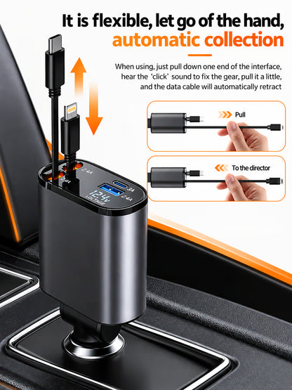 New 4 in 1 Retractable cable 2 Type C and iPhone Fast Charging Car Phone Charger 120W