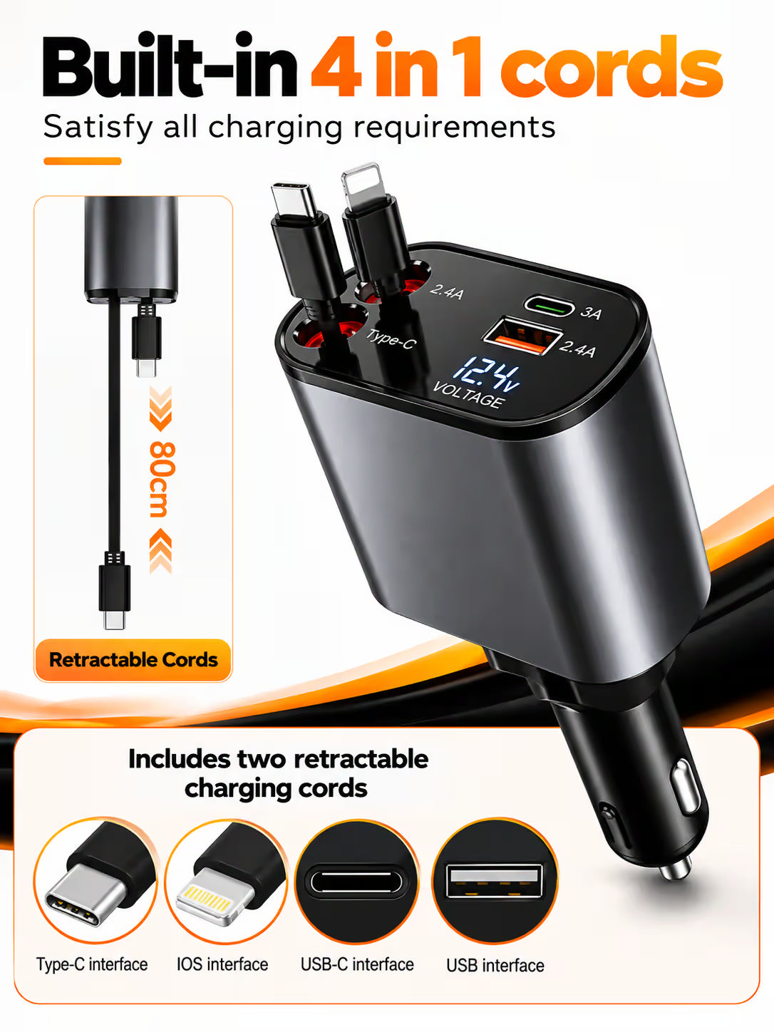 New 4 in 1 Retractable cable 2 Type C and iPhone Fast Charging Car Phone Charger 120W