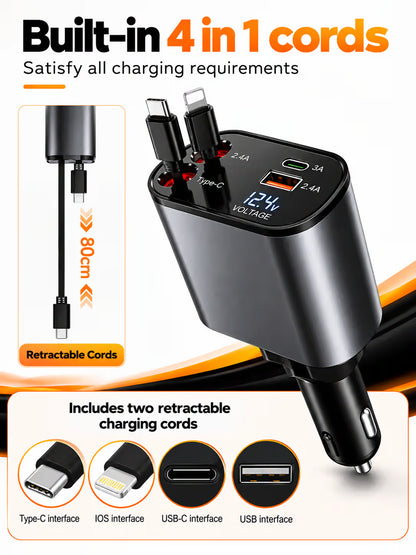 New 4 in 1 Retractable cable 2 Type C and iPhone Fast Charging Car Phone Charger 120W