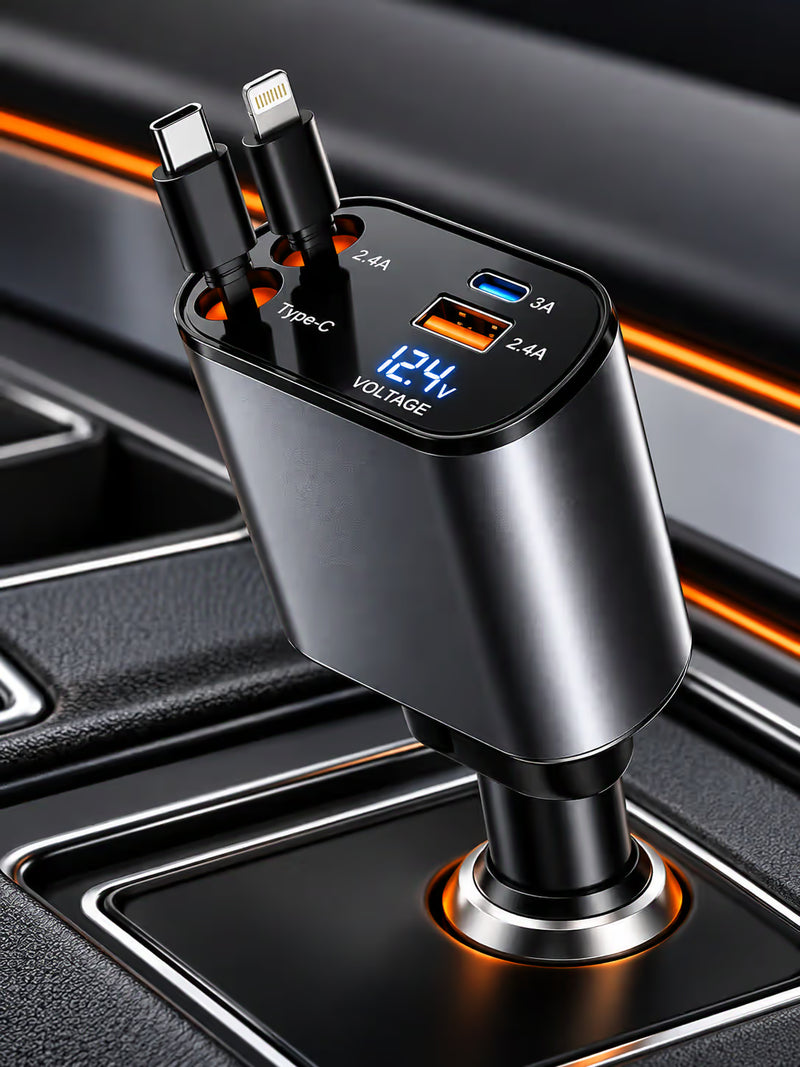 New 4 in 1 Retractable cable 2 Type C and iPhone Fast Charging Car Phone Charger 120W